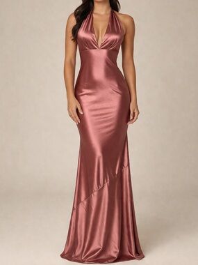 Revelry Women’s Cowl Back V Neck Sleeveless Pink Satin Maxi Formal Dress Size 4